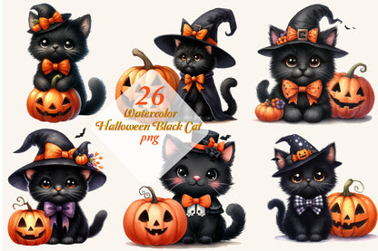 26 Watercolor Halloween Black Cat PNG Clipart Bundle Cute Witch Pumpkin