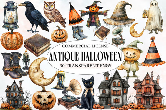 Antique Halloween Clipart PNG Bundle | Vintage Watercolor Halloween Clipart | Rustic Spooky Halloween PNG