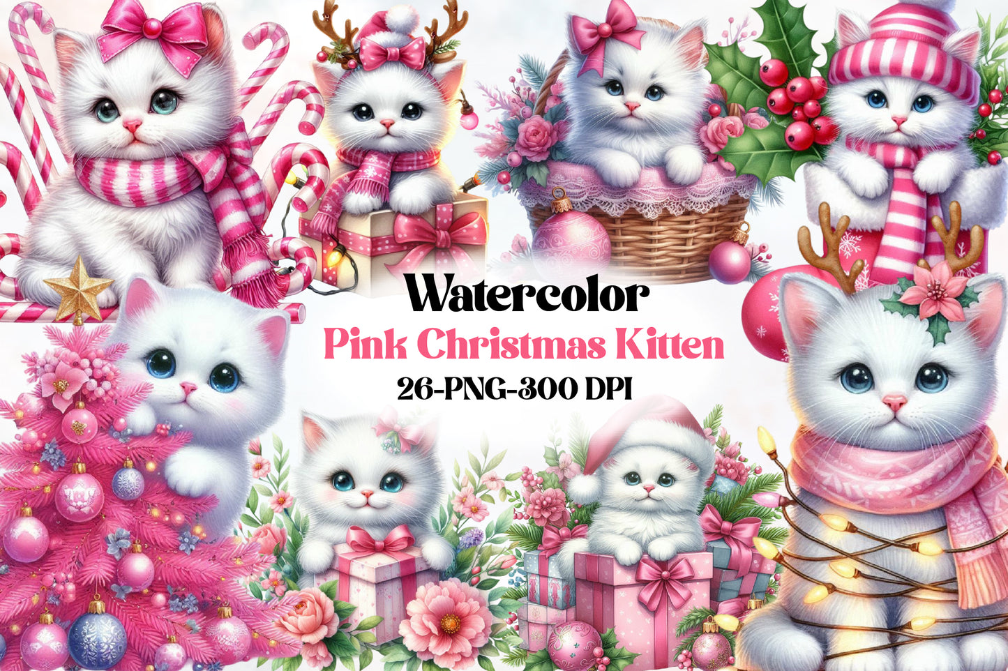 Pink Christmas Kitten Clipart PNG Bundle | Cute Pink Cat, Christmas Tree, Gifts, Candy Cane & Holiday Designs