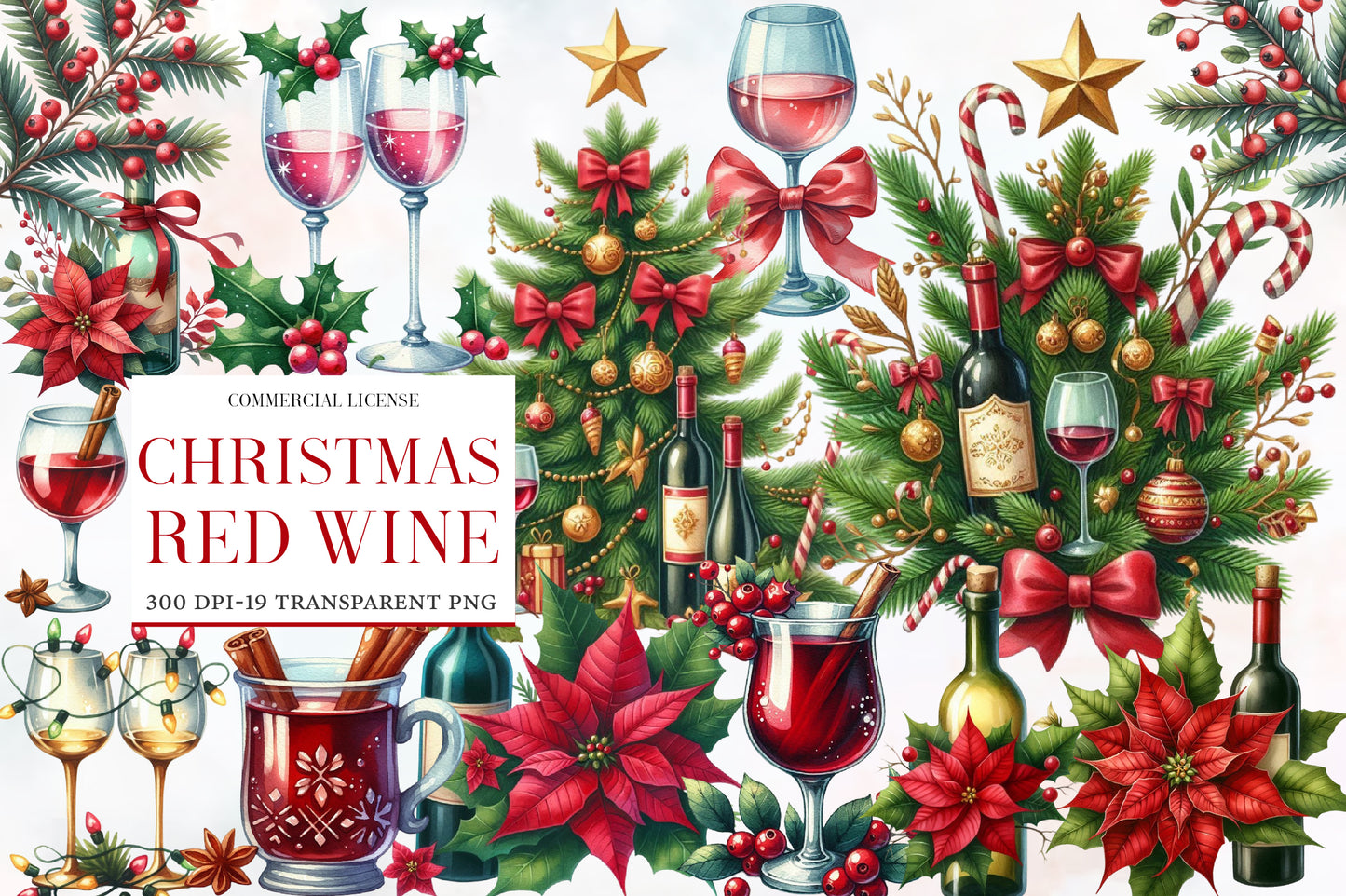 Christmas Red Wine Clipart PNG Bundle | Watercolor Holiday Red Wine Clipart | Festive Wine Glass Sublimation PNG