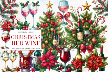 Christmas Red Wine Clipart PNG Bundle | Watercolor Holiday Red Wine Clipart | Festive Wine Glass Sublimation PNG