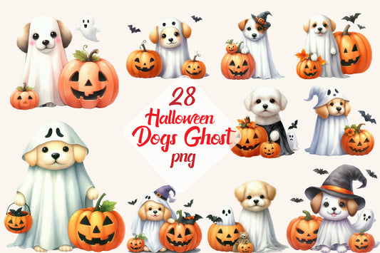 28 Halloween Ghost Dog PNG Bundle Cute Spooky Puppy Pumpkin Clipart