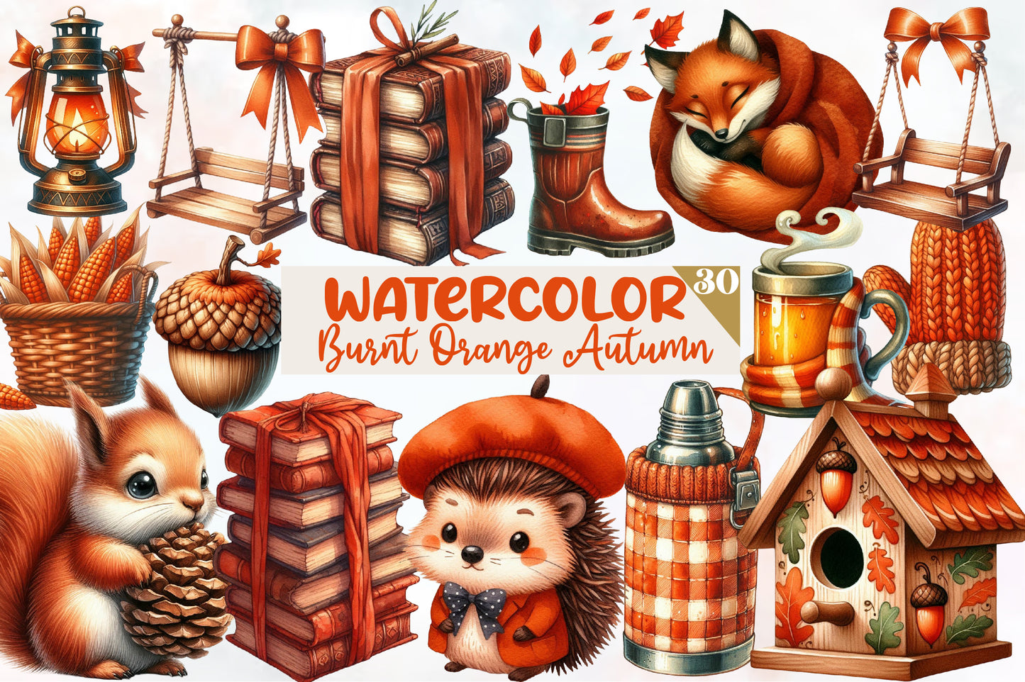 Burnt Orange Autumn Watercolor Clipart PNG Bundle | Fall Clipart, Cute Autumn PNG