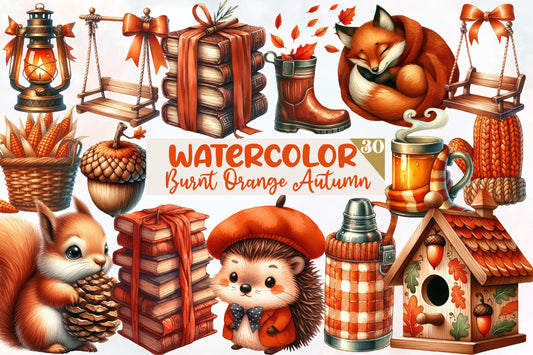 Burnt Orange Autumn Watercolor Clipart PNG Bundle | Fall Clipart, Cute Autumn PNG