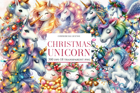 Christmas Unicorn Clipart PNG Bundle | Cute Watercolor Christmas Unicorn Clipart | Magical Holiday Unicorn Sublimation PNG