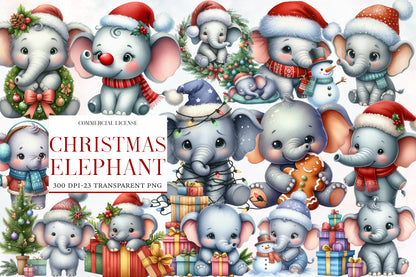 Christmas Baby Elephant Clipart PNG Bundle | Watercolor Cute Baby Elephant Christmas Clipart | Holiday Elephant PNG