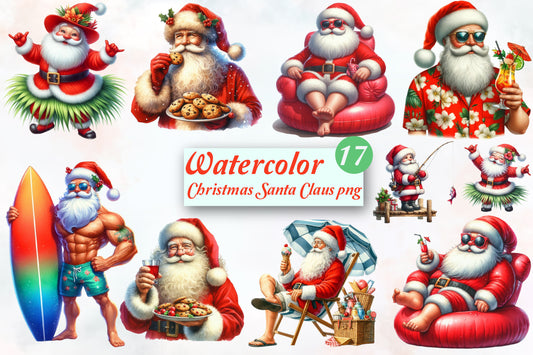 17 Christmas Santa Claus PNG Sublimation Bundle Watercolor Santa Holiday Designs