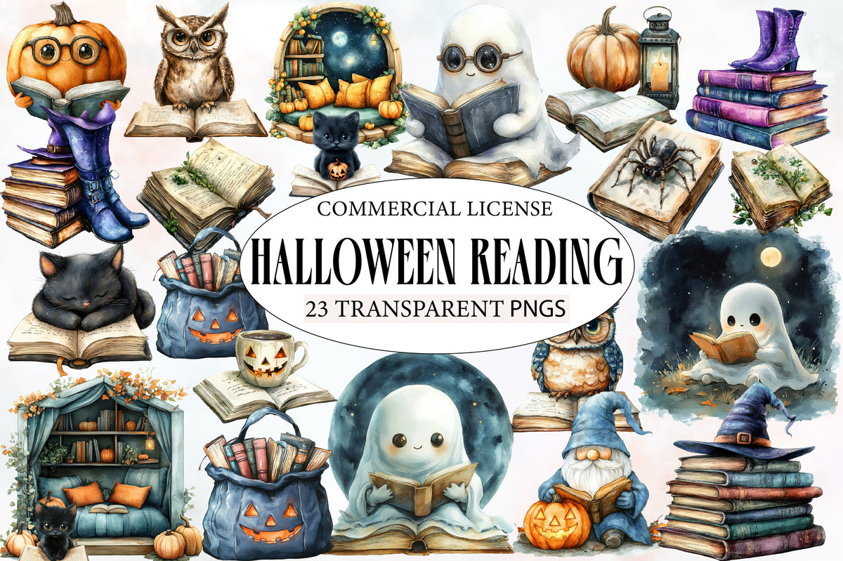 Halloween Reading Clipart PNG | Spooky Books, Ghost Reading, Witch Books, Owl & Cat Reading Clipart,