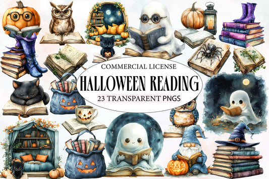 Halloween Reading Clipart PNG | Spooky Books, Ghost Reading, Witch Books, Owl & Cat Reading Clipart,