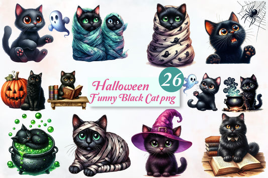 Halloween Black Cat PNG Bundle Funny Black Cat Halloween Clipart