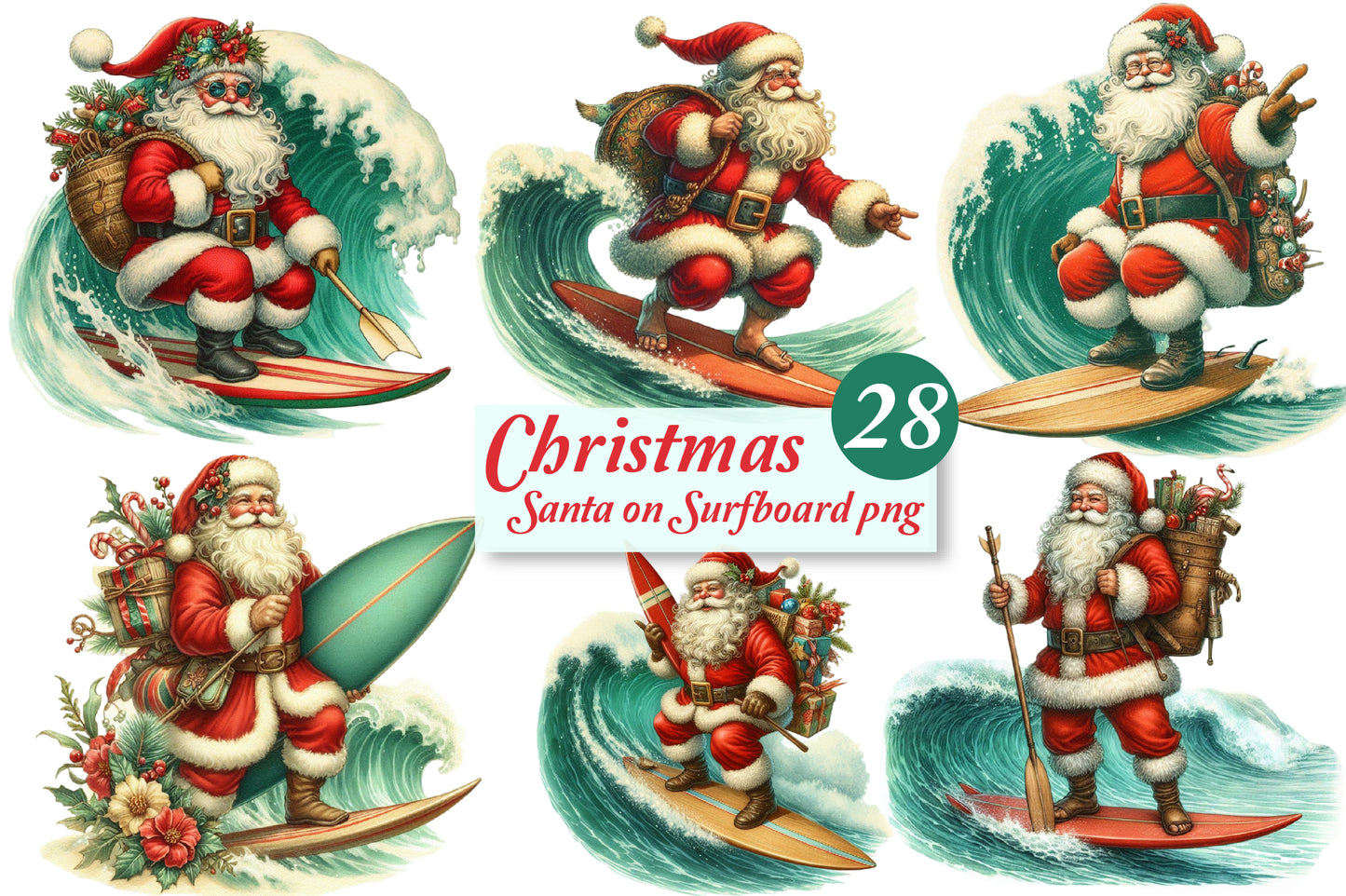 Christmas Santa Surfboard PNG Bundle | Watercolor Santa Surfing, Beach Santa & Tropical Christmas Clipart