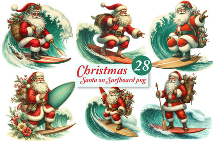 Christmas Santa Surfboard PNG Bundle | Watercolor Santa Surfing, Beach Santa & Tropical Christmas Clipart