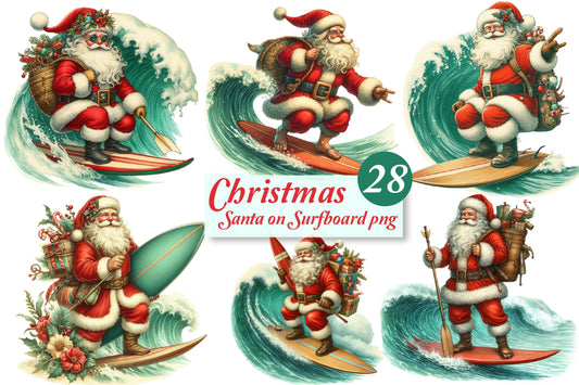 Christmas Santa Surfboard PNG Bundle | Watercolor Santa Surfing, Beach Santa & Tropical Christmas Clipart