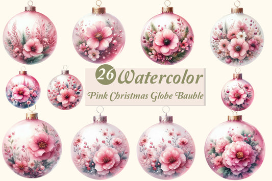26 Watercolor Pink Christmas Globe Bauble PNG Bundle Floral Ornament