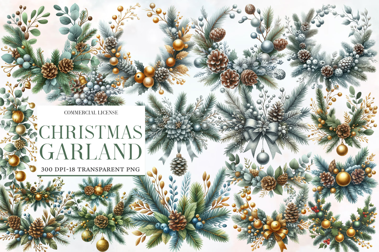 Christmas Garland Clipart Bundle PNG | Watercolor Festive Christmas Garland Clipart | Holiday Greenery Sublimation PNG