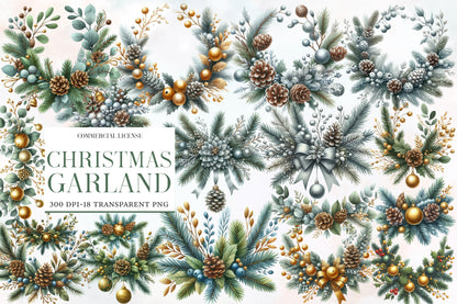 Christmas Garland Clipart Bundle PNG | Watercolor Festive Christmas Garland Clipart | Holiday Greenery Sublimation PNG