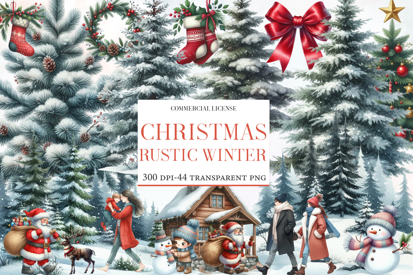 Christmas Rustic Winter Watercolor Clipart PNG Bundle | Cozy Rustic Christmas Clipart | Winter Christmas Sublimation PNG