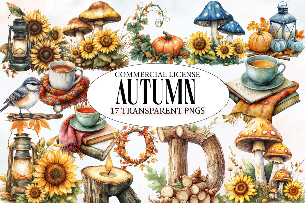 Watercolor Autumn Clipart PNG Bundle | Fall Pumpkin, Sunflower, Leaves, Apple, Cozy Mug & Harvest Clipart