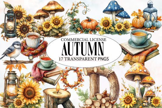 Watercolor Autumn Clipart PNG Bundle | Fall Pumpkin, Sunflower, Leaves, Apple, Cozy Mug & Harvest Clipart