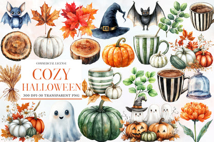 Cozy Halloween Watercolor Clipart PNG Bundle | Cute Halloween Clipart, Fall Pumpkin PNG