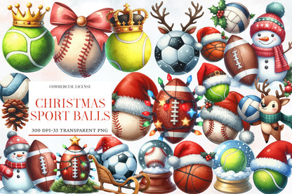 Christmas Sport Balls Sublimation PNG Bundle | Watercolor Christmas Sports Balls Clipart | Festive Athletic Holiday PNG