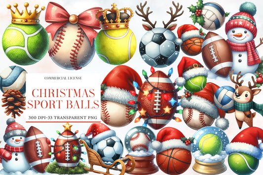 Christmas Sport Balls Sublimation PNG Bundle | Watercolor Christmas Sports Balls Clipart | Festive Athletic Holiday PNG