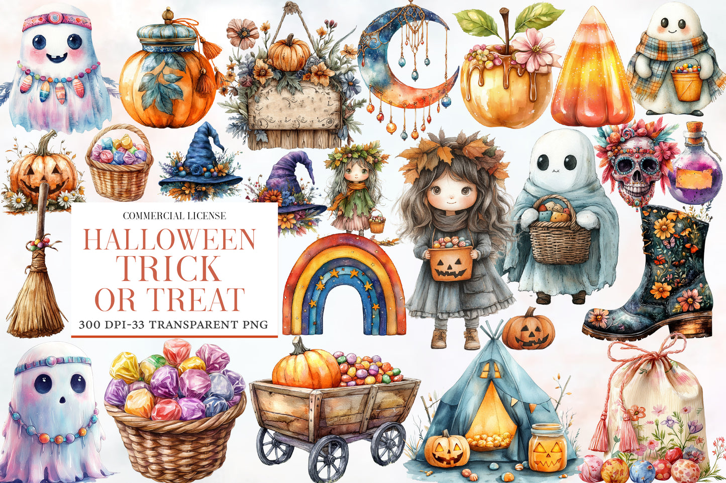 Boho Halloween Trick or Treat Clipart PNG Bundle | Watercolor Cute Boho Halloween Clipart | Spooky Autumn Sublimation PNG