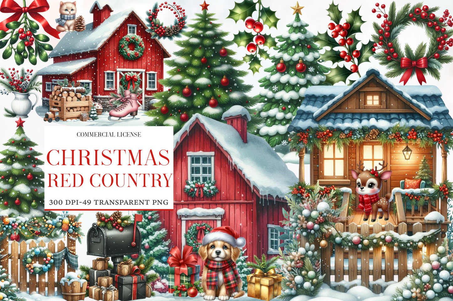 Christmas Red Country Clipart PNG Bundle | Rustic Christmas Farmhouse PNG | Country Christmas Sublimation