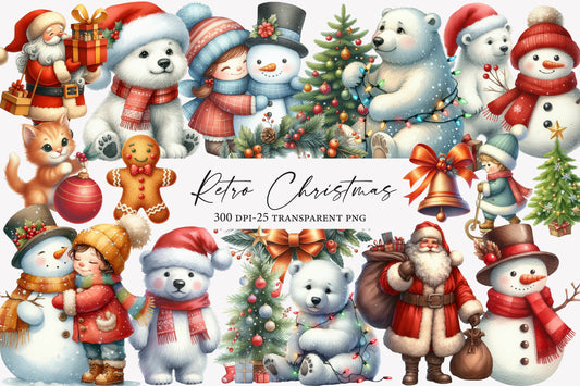 Retro Christmas Watercolor Clipart PNG Bundle | Vintage Christmas Clipart | Retro Christmas Sublimation PNG