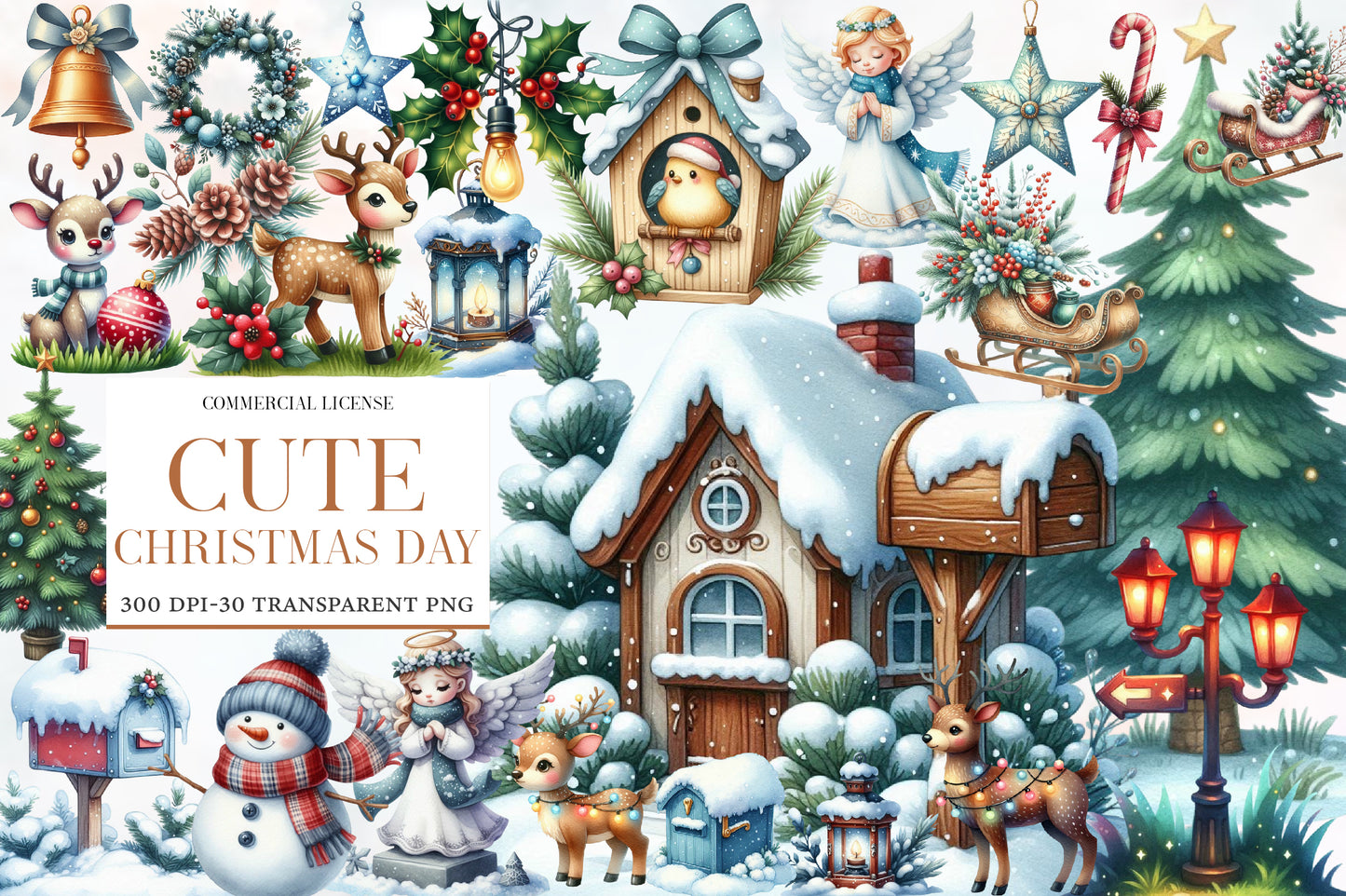 Cute Christmas Day Clipart PNG Bundle | Winter House, Deer, Angel, Snowman, Christmas Tree, Wreath, Lantern & Holiday Decorations