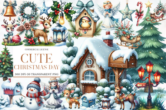 Cute Christmas Day Clipart PNG Bundle | Winter House, Deer, Angel, Snowman, Christmas Tree, Wreath, Lantern & Holiday Decorations