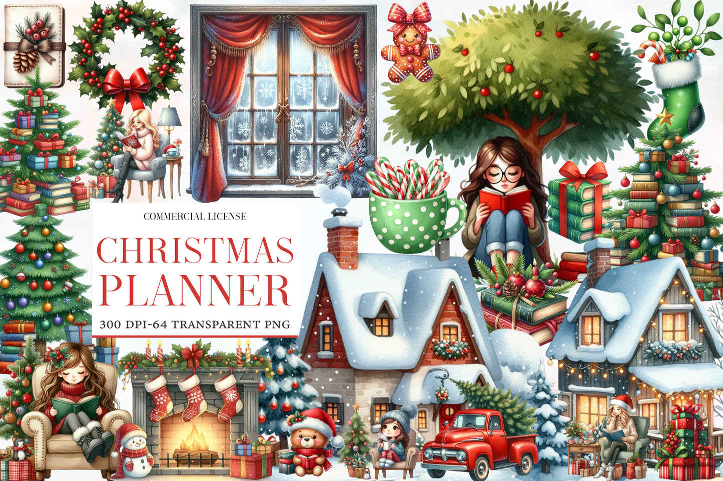 Christmas Planner Clipart SVG PNG Bundle | Cute Holiday Planner Stickers | Watercolor Christmas Planner Elements