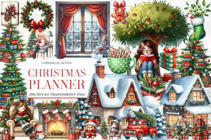 Christmas Planner Clipart SVG PNG Bundle | Cute Holiday Planner Stickers | Watercolor Christmas Planner Elements