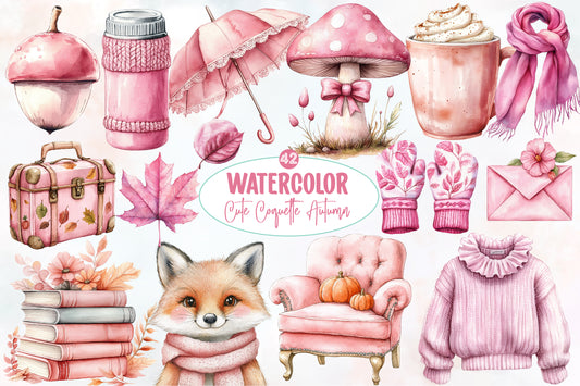 Watercolor Pink Coquette Autumn Clipart Bundle 42 PNG
