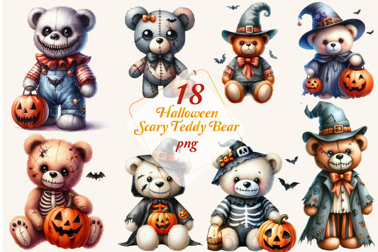 18 Halloween Scary Teddy Bear PNG Bundle Cute Spooky Bear Pumpkin Clipart