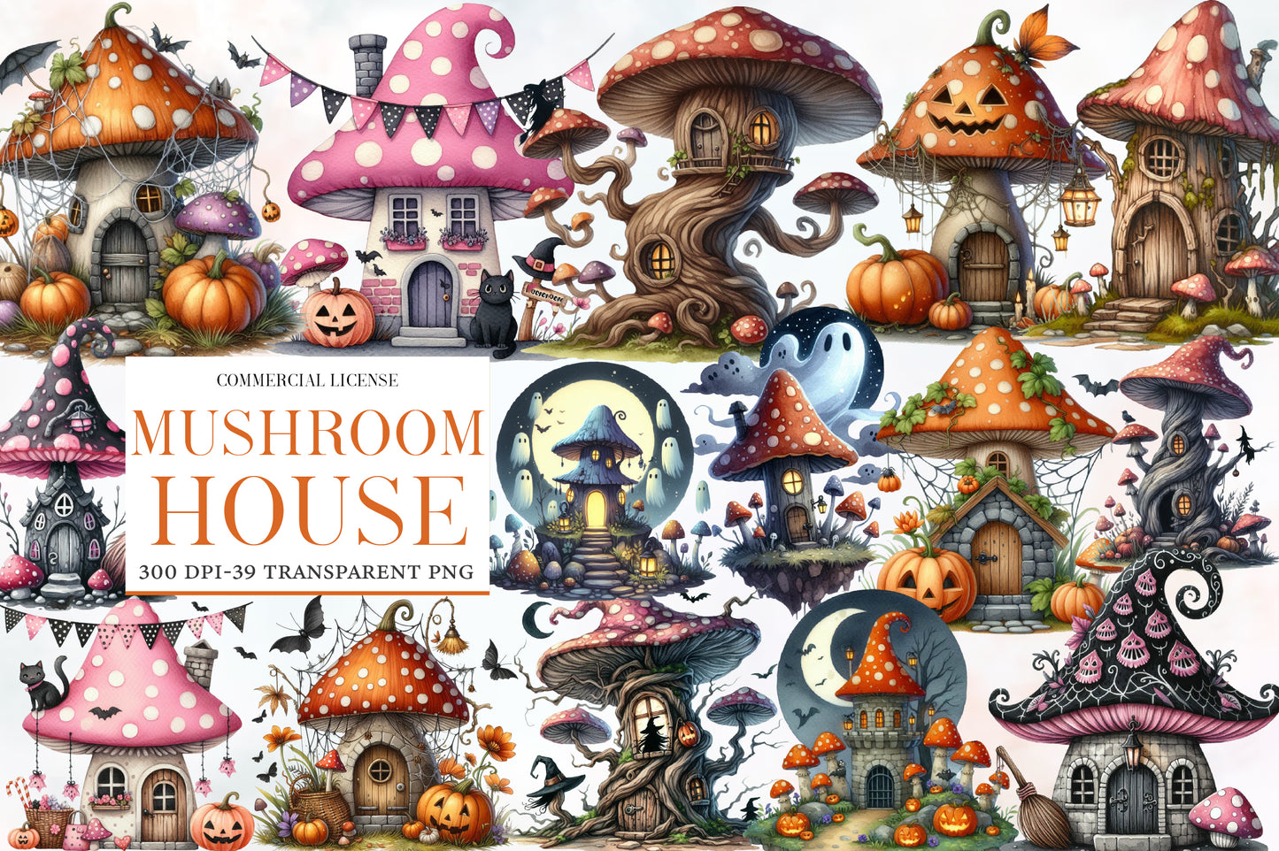 Halloween Mushroom House Clipart PNG | Magical Mushroom House PNG, Spooky Cottage Clipart,