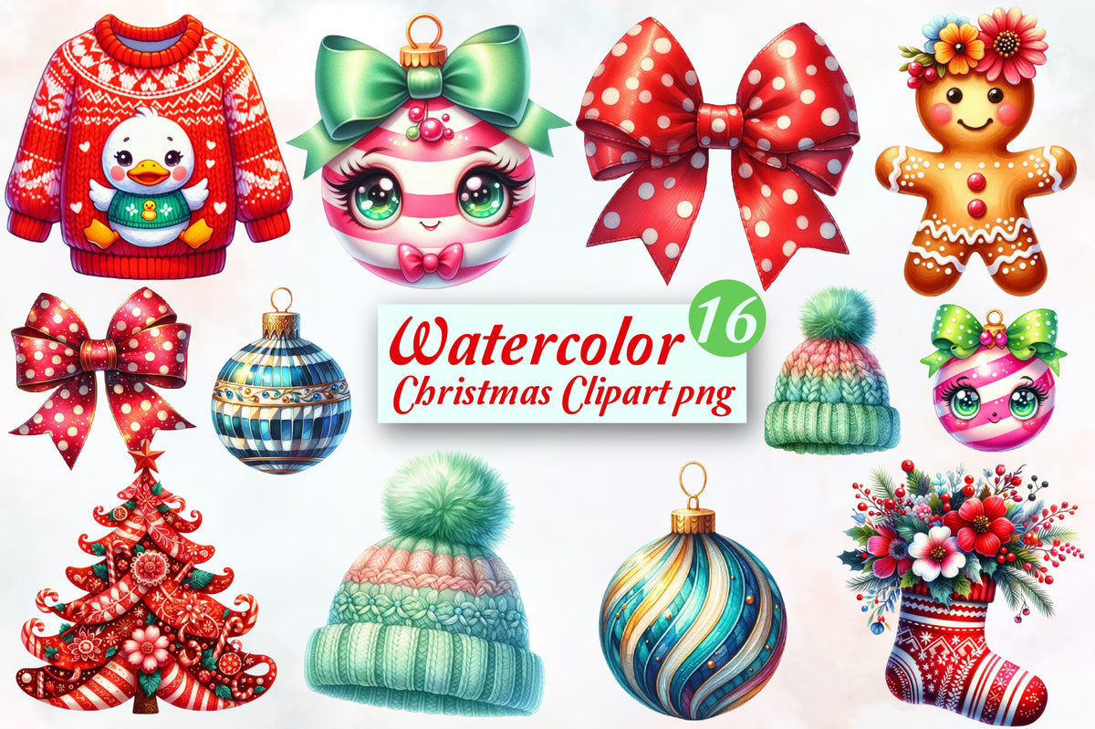 16 Christmas Clipart PNG Bundle Watercolor Holiday Bow Ornament Sweater Gingerbread