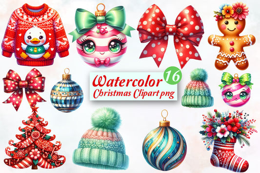 16 Christmas Clipart PNG Bundle Watercolor Holiday Bow Ornament Sweater Gingerbread
