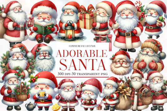 Adorable Santa Clipart PNG Bundle | Cute Watercolor Santa Claus Clipart | Festive Holiday Santa PNG