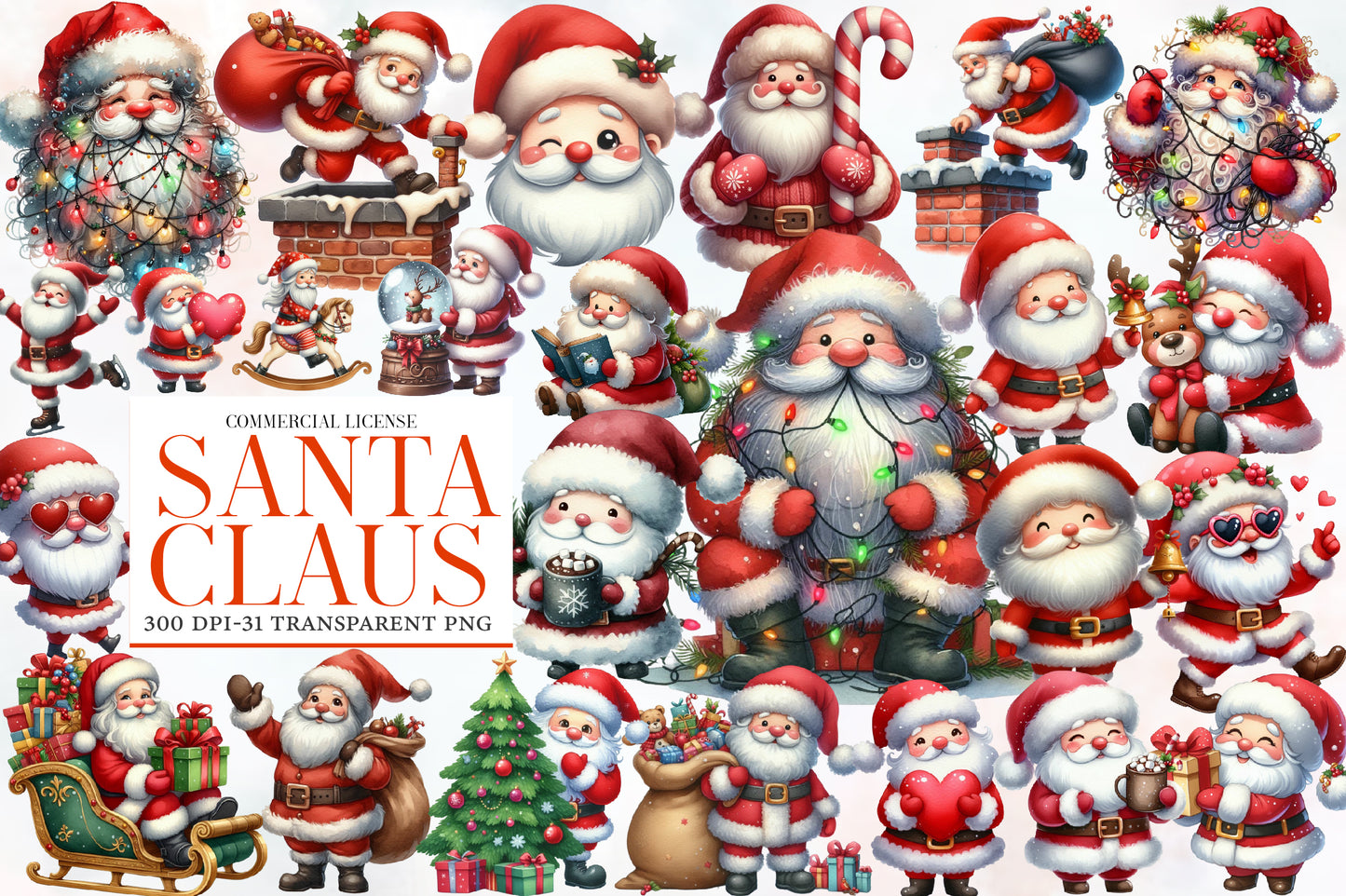 Santa Claus Watercolor Clipart PNG Bundle | Christmas Santa PNG | Cute Santa Sublimation