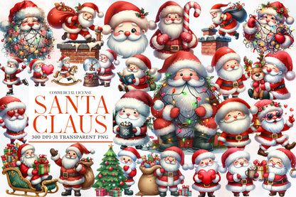 Santa Claus Watercolor Clipart PNG Bundle | Christmas Santa PNG | Cute Santa Sublimation