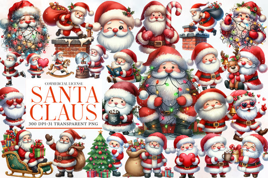 Santa Claus Watercolor Clipart PNG Bundle | Christmas Santa PNG | Cute Santa Sublimation