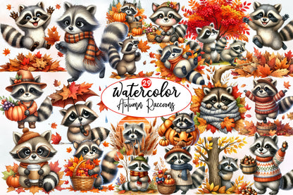 Watercolor Autumn Raccoon Clipart Bundle Cute Fall Raccoon PNG