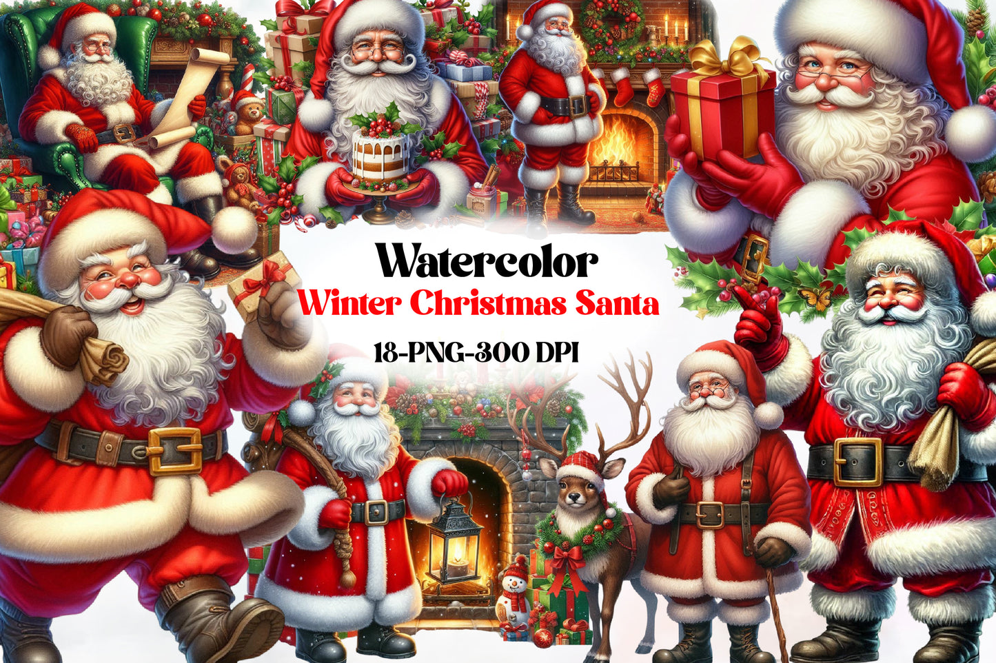 Watercolor Winter Christmas Santa Clipart PNG Bundle | Cute Santa Claus Holiday & Fireplace Designs