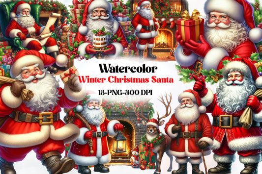 Watercolor Winter Christmas Santa Clipart PNG Bundle | Cute Santa Claus Holiday & Fireplace Designs