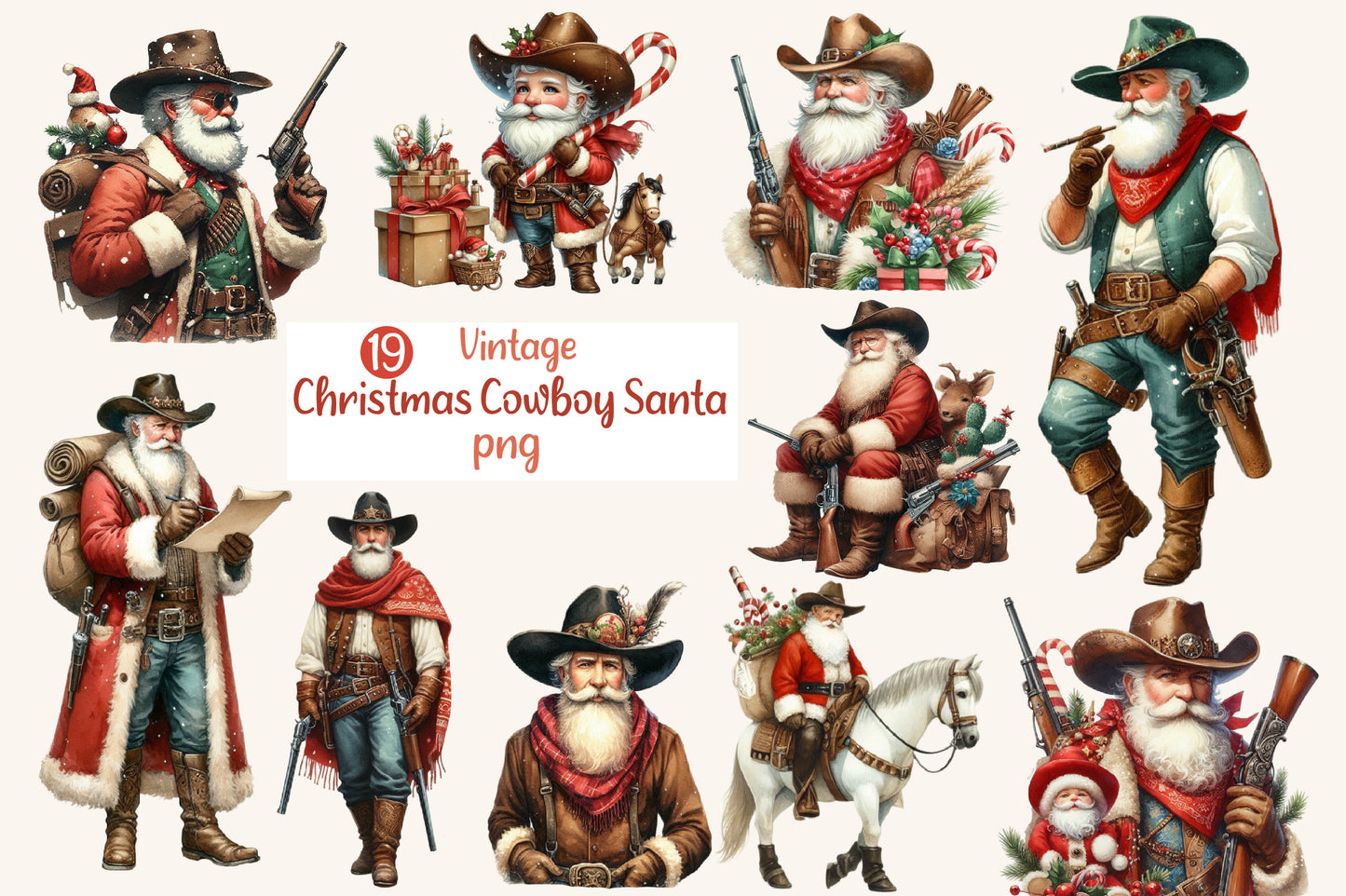 19 Vintage Christmas Cowboy Santa PNG Western Santa Clipart
