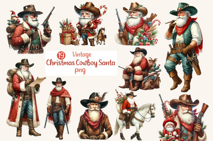 19 Vintage Christmas Cowboy Santa PNG Western Santa Clipart