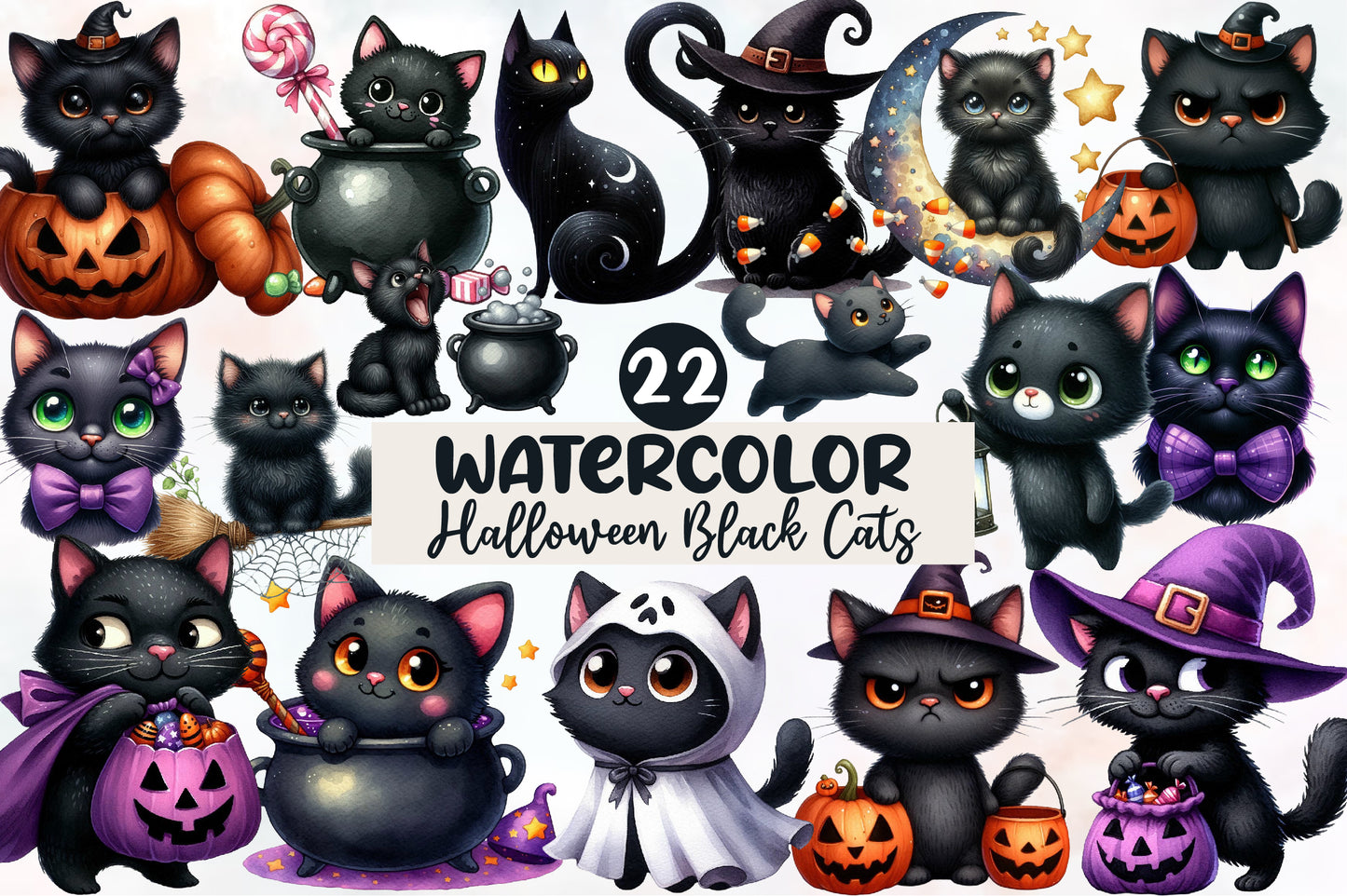 Watercolor Halloween Black Cats Clipart PNG Bundle | Cute Witch Cat PNG, Spooky Black Cat Clipart