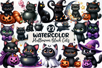 Watercolor Halloween Black Cats Clipart PNG Bundle | Cute Witch Cat PNG, Spooky Black Cat Clipart