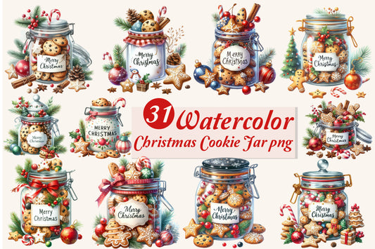 Christmas Cookie Jar PNG Clipart Bundle | Watercolor Christmas Cookie Jars with Gingerbread, Candy Canes, Ornaments & Holiday Decor